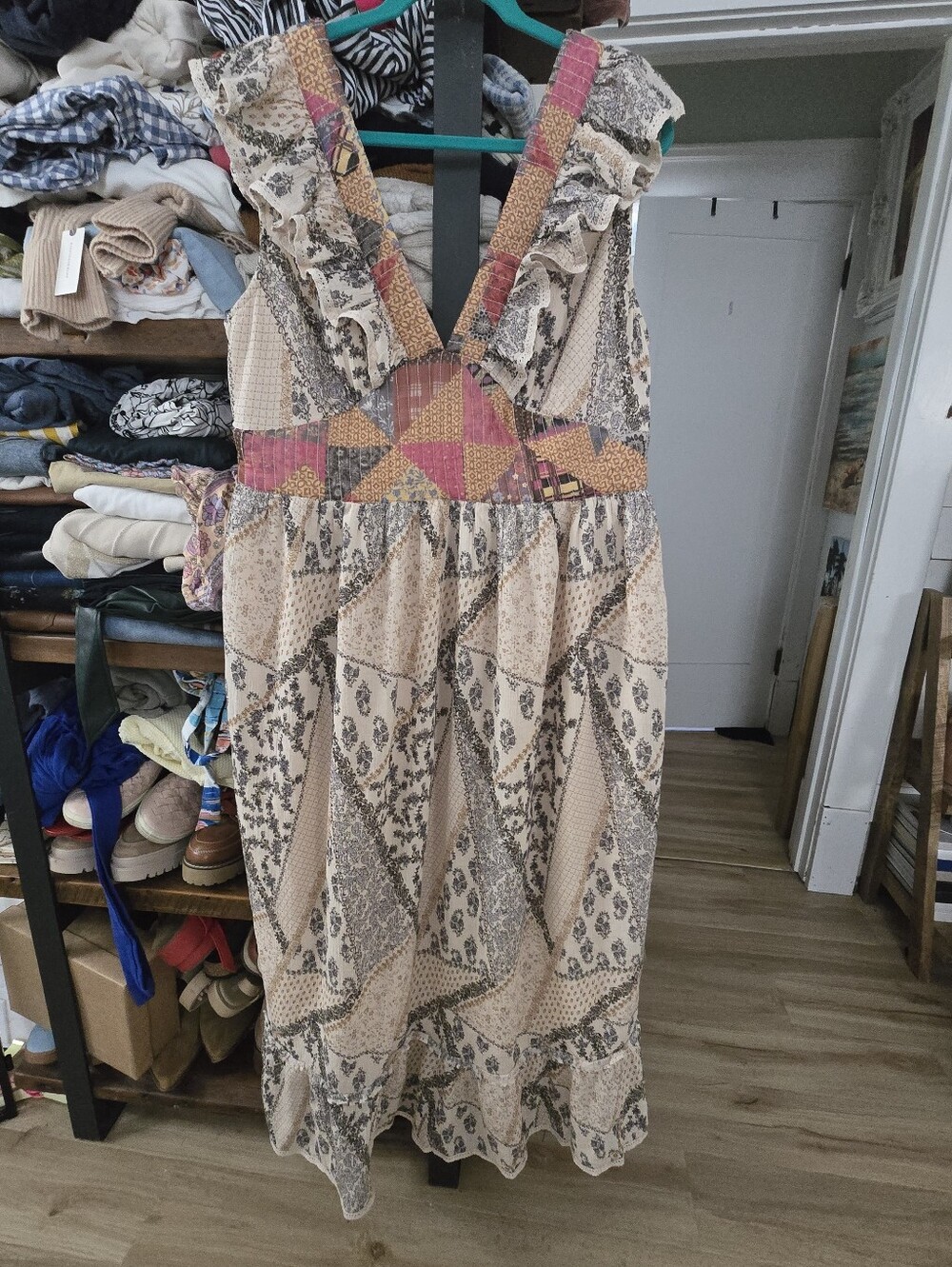 Let Me Be X Anthropologie Boho Patchwork V-Neck Maxi Dress